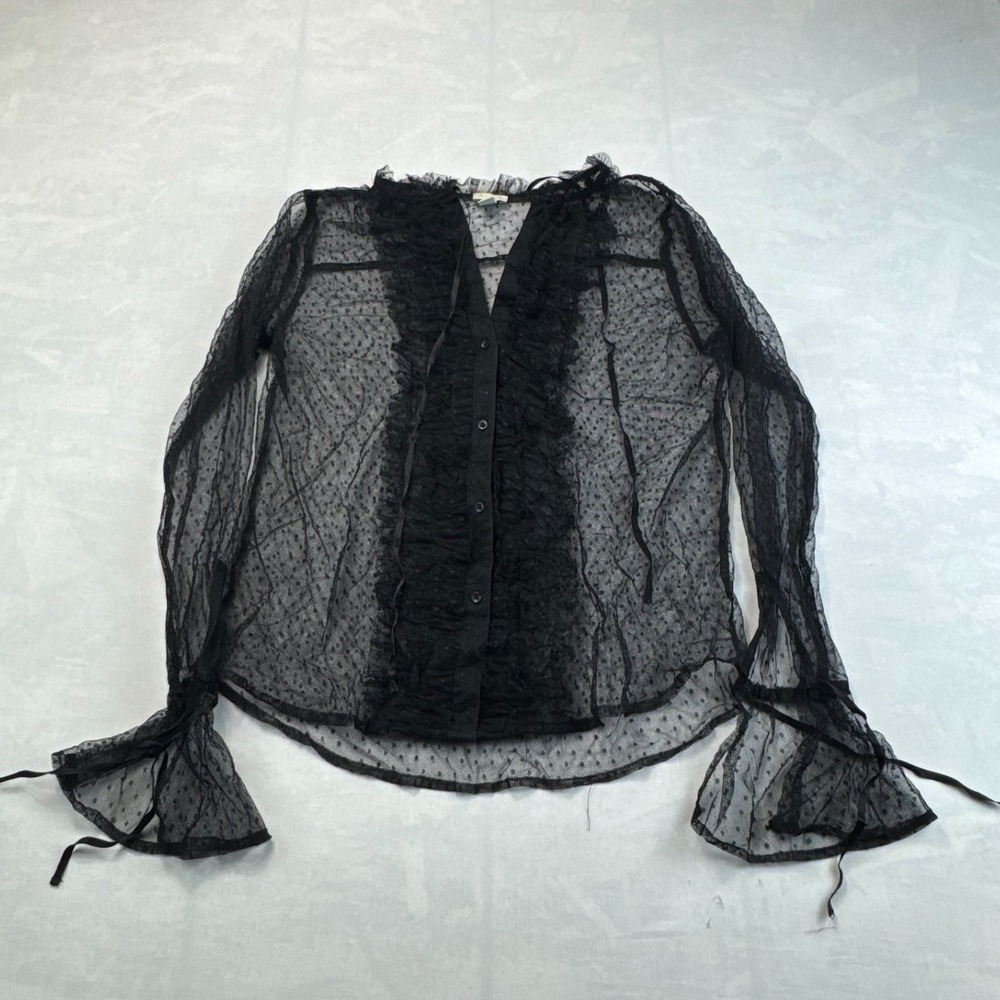 Hinge Sheer Top Womens S Black Swiss Dot Ruffle Front Bell Sleeve Button Front